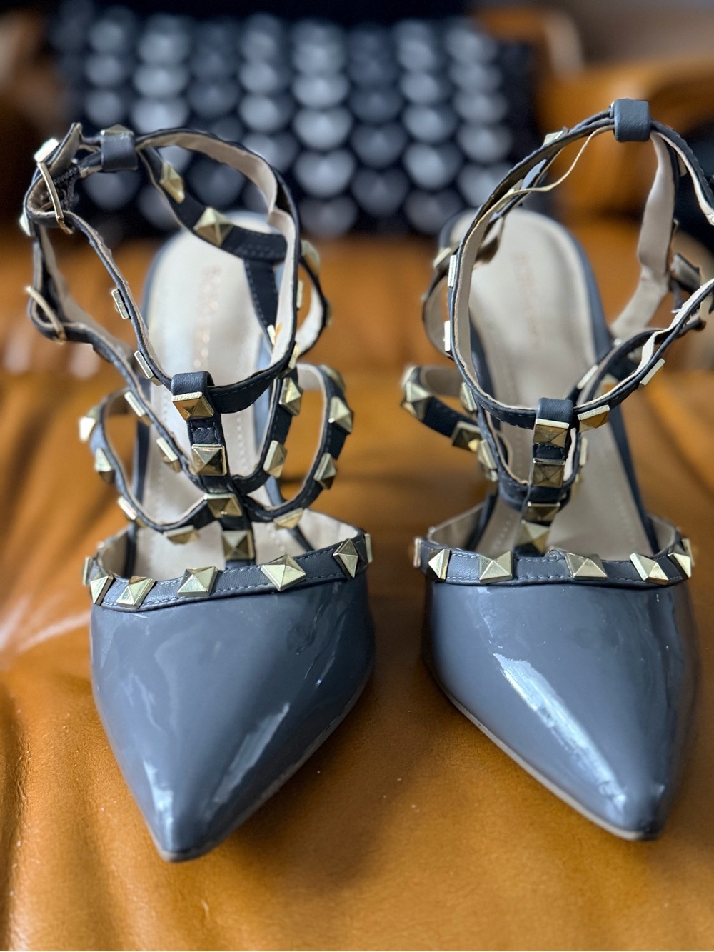 BCBGeneration Gray Patent Pointed Toe Studded Strappy Heels